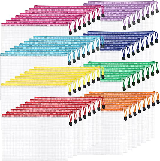 64 Pack A4 Letter Size Mesh Zipper Pouch Bags, 8 Colors | Waterproof, Document Zipper Pouches for Storage, Teacher School, Office, Toys, Puzzle, Home, Travel by Aubeco