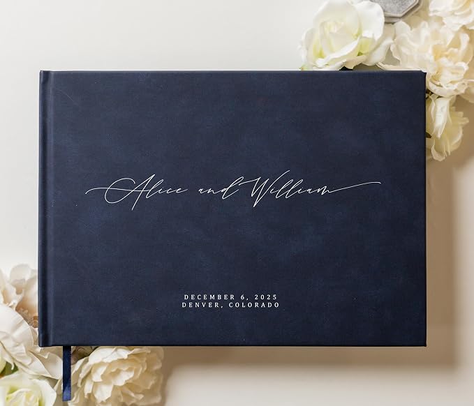Personalized Guestbook in Navy - Premium Custom Modern Guest Book for Wedding Reception, Birthday Party or Events w/Bookmark Blank Pages for Signing 11.5 x 8.5 inches - Image 2