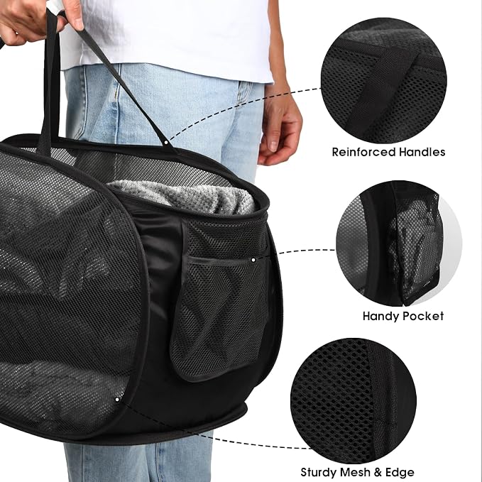 Sturdy Collapsible Laundry Baskets- Pop Up Laundry Hampers with Handy Pocket, Foldable Clothes Hamper with Reinforced Carry Handles for Laundry, Bathroom, Kids Room, Dorm or Travel Black - Image 5