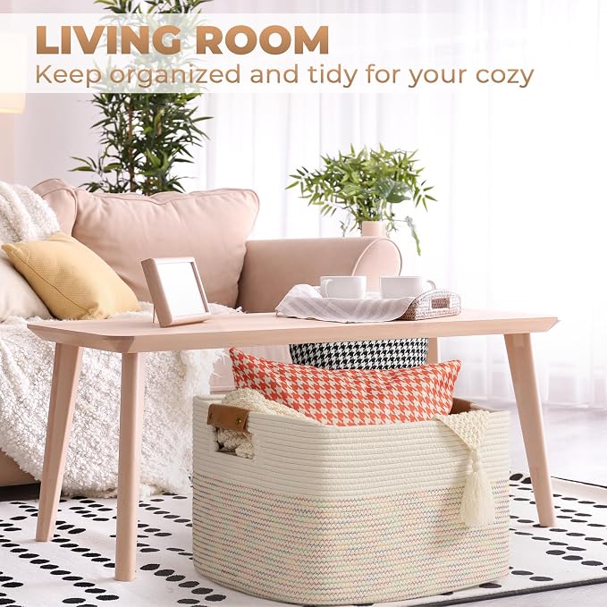 108L Large Basket for Living Room, Boho Decorative Basket Organizing with Handles, Cotton Rope Storage for Toys, Pillows, Clothes, 25’’*16’’*16’’ Rainbow - Image 4