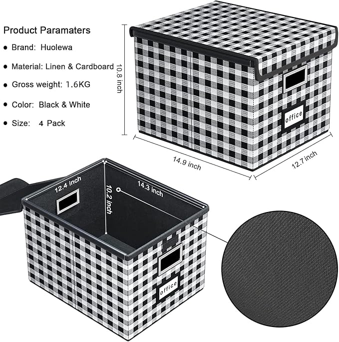 File Organizer Box with Lids, Collapsible File Folder Organizer | File Box with Plastic Slides for Document, Filing Bin for Letter Size Hanging File Folders (4 Pack, Black & White Lattice) - Image 6