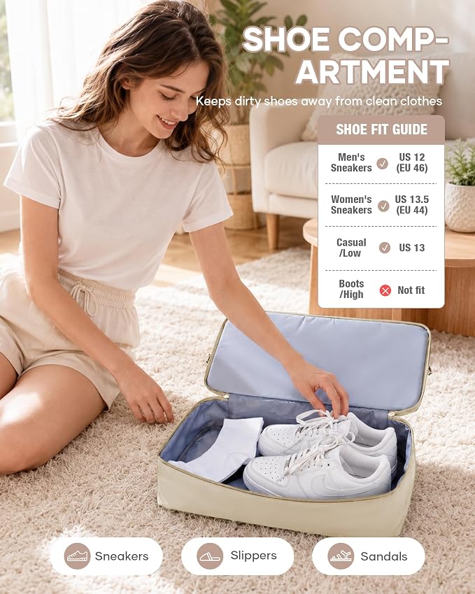 Travel Duffel Weekender Bag Women Tote Carry On Bags With Shoe Compartment | Travel Overnight Bags with Trolley Sleeve for Airplanes Waterproof Lightweight Sport Tote Gym with Toiletry Bag Beige - Image 7