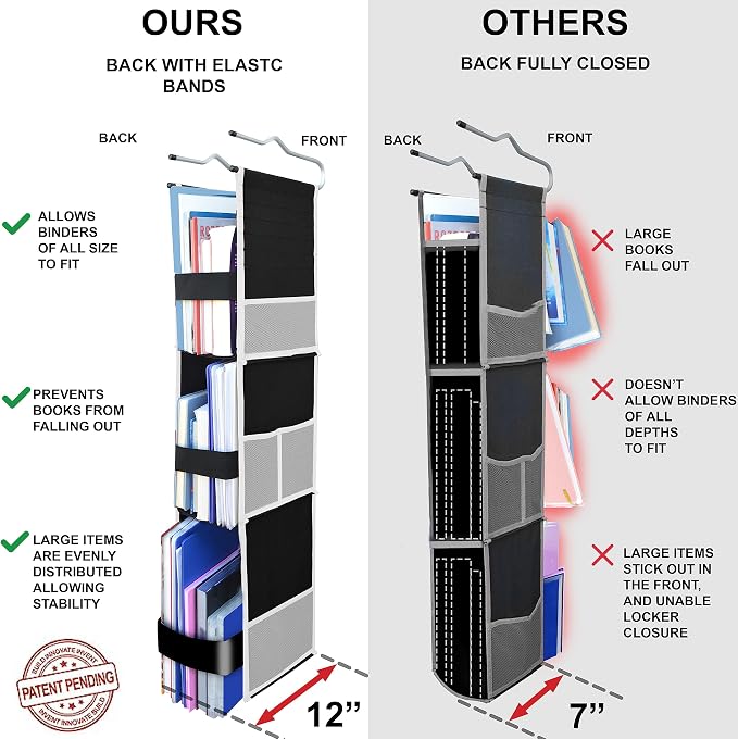 ABRA® 3 Shelf Hanging Locker Organizer for School, Work, Gym | Deep Shelves 6.5”x 9”| Eco-Friendly Fabric Healthy for Children | Adjustable School Locker Shelf from 3 to 2 Shelves (Black/White) - Image 3