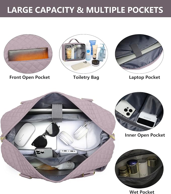 Women Weekender Travel Duffle Bag: Travel Duffel Overnight Bags with Shoe Compartment Carry on Tote Bags Toiletry Bag Weekend Yoga Gym Hospital Bags for Labor and Delivery with Wet Pocket Purple Grey - Image 2