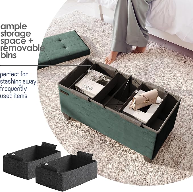Storage Ottoman Bench with Bins, 30-in Storage Bench for Bedroom End of Bed, Folding Foot Rest Ottoman for Living Room Max 660lbs, Velvet Ottomans, Green - Image 4