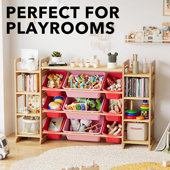 SpaceAid Large Toy Storage Organizer 9 Shelves 9 Bins, Toy Organizers Storage Bookshelf, Kids Bin Shelf Toys Box Bookcase for Bedroom Playroom Organization Room Decor, Red and Pink - Image 5