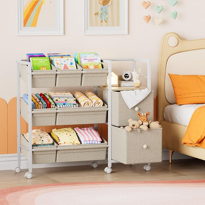 Modanais Kids Toy Organizers and Storage Bins, Off White | 7 Storage Bins + 2 Fabric Drawers + 1 Bookshelf, Playroom Storage, Organizer for Toy, Clothes, Blankets and Books - Image 5