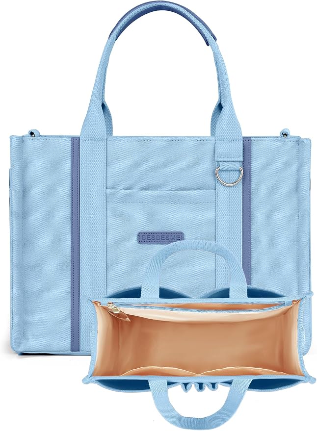 BESBESME Women’s Canvas Tote Bag with Zipper and Compartments – Multi-Pocket Laptop Work Crossbody Shoulder Tote Purse - Image 7