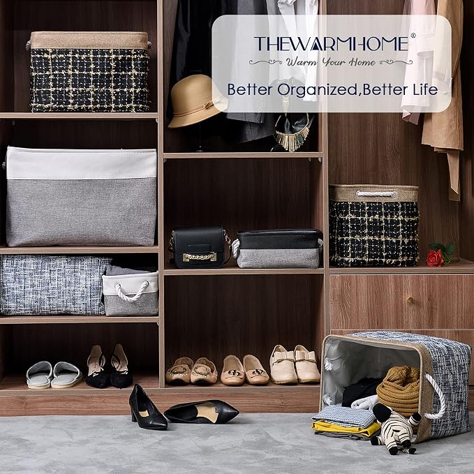 Small Storage Baskets for Organizing,Storage Baskets for Shelves,Small Fabric Storage Bins W/Handles For Closet Nursery Toy Decorative Foldable (White&Grey, 11.8L*7.9W*5.2H-6 Pack) - Image 7