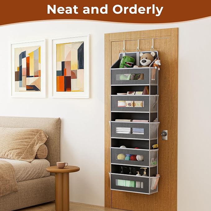 5 Tier Over The Door Organizer Space-Saving Storage for Any Room | Grey Hanging Closet Organizer with 10 Mesh Pockets and Clear Windows, Closet Organizers and Storage for Bathroom, Bedroom - Image 5