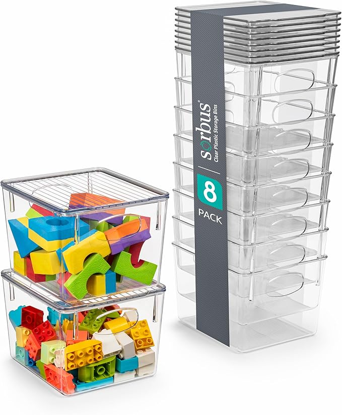 Sorbus Medium Plastic Storage Bins with Lids, Stackable, Toy, Clothes, Medicine, Makeup, Closet, Art Supply, Bathroom, Shoe, Toy Storage Organizer (8 Pack) by Sorbus