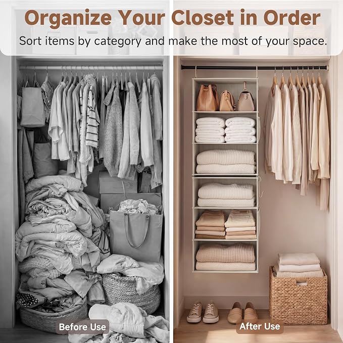 StorageWorks 6-Shelf Jumbo Closet Organizers, Two 3-Shelf Separable Hanging Shelves for Closet, 13 "D x 15" W x 47 ¼" H,Mixing of Beige, White & Ivory - Image 4