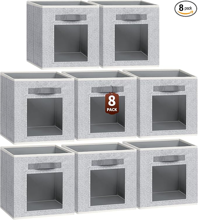 Foldable Storage Cubes - Cubby Storage Organizer with Window, Decorative Fabric Bins for Clothes Storage, Closet Organizers for Shelves, 11inch, Set of 8, Light Grey by Homsorout