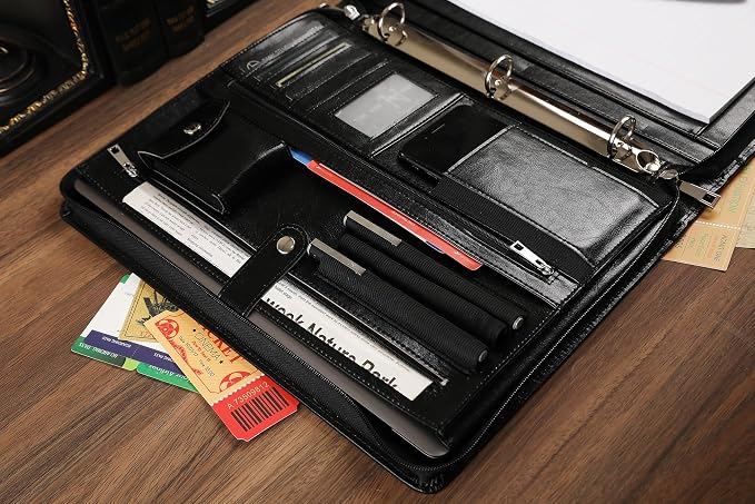 Black Leather Padfolio for Women/Men, Business Leather Binder 3 Ring Portfolio, Personalized Leather Portfolio Binder, Zippered Portfolio Organizer for A4 Notepad & 13-inch Laptop/Tablet - Image 5