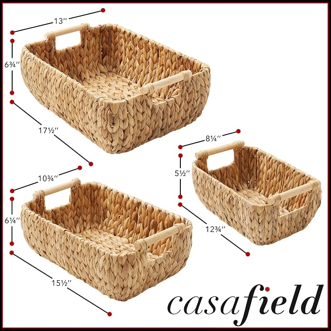Casafield Set of 3 Water Hyacinth Oval Storage Baskets with Wooden Handles - Small, Medium, Large - Woven Nesting Basket Organizers - Image 4