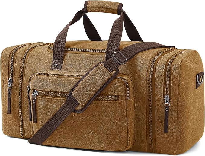 EKOROMIER Large Canvas Duffle Bag for Travel, Expandable 55L Weekender bags | Features Luggage Trolley Sleeve, Multi-Pockets for Traveling, Overnight Airplane Carry-On Bag for Men & Women - Camel Brown by EKOROMIERHOME