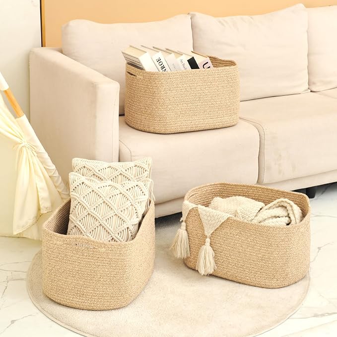 ICERZCZ Large Storage Baskets for Organizing Shelves, Woven Cotton Rope Bins for Baby Nursery Organization, Book Toy Towel Organizer, 17"x13"x9.5", 3 Packs, Brown - Image 6