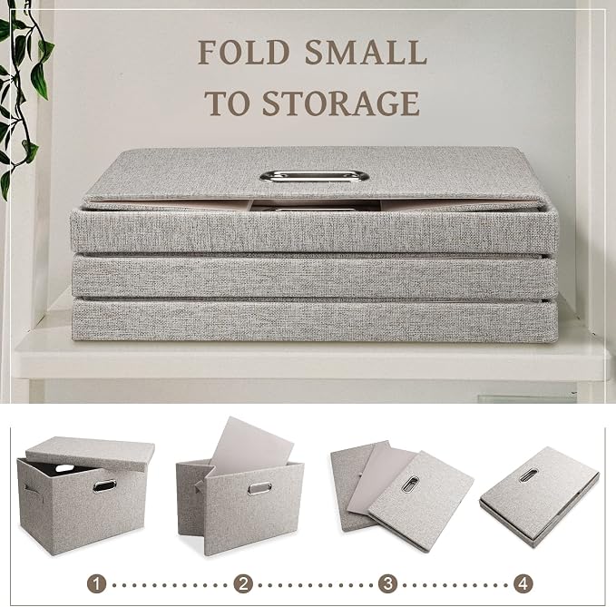 Graciadeco Medium 15" 21 Quart Collapsible Stackable Storage Bins with Lids, 1 Pack Beige Foldable Fabric Closet Storage Boxes with Lids, Heavy-duty Linen Baskets for Bedroom | 21 Quart 1 Pack Beige Collapsible Stackable Linen Fabric 4 Handles Bedroom ... - Image 5