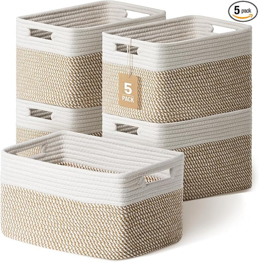 5 Pack Woven Storage Baskets, Decorative Storage Bins for Organizing | 13.8'' × 9.8'' × 7.9'', Cotton Rope Basket Organizer for Closet, Shelves, bathroom, Nursery, Toys, Books, Pantry, Khaki/White by YILOBI