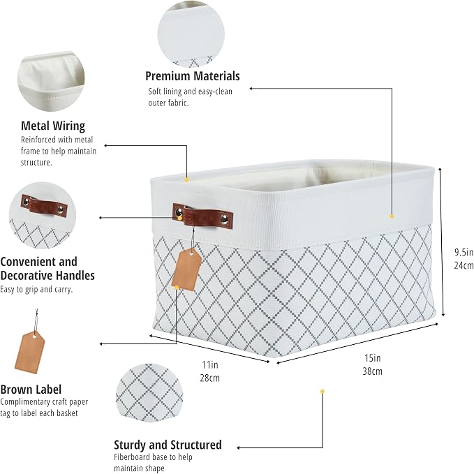 DECOMOMO Storage Bins, Large Fabric Storage Baskets for Shelves 3 Pack | 15 x 11 x 9.5 inches Decorative Linen Closet Organizers with Handles (Checkered White) - Image 3