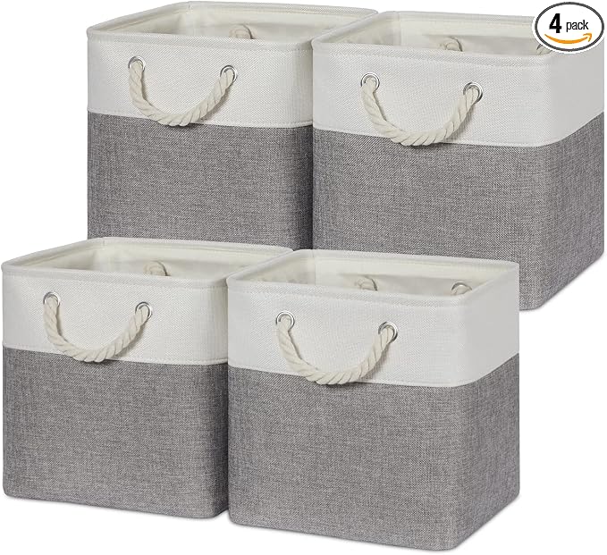 Temary Fabric Storage Baskets for Organizing, Grey Basket for Shelves, Collapsible Baskets with Handles for Shelves, Home, Closet (White&Gray) by TEMARY