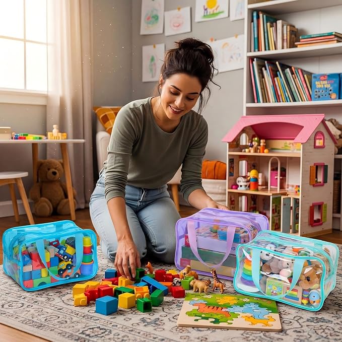 Shinylin 12 Pack Pastel Colorful Large Toy Storage Bags with Zipper 9.8 x 5.9 x 7.1 Inch Reusable Waterproof PVC Clear Board Game Storage Bags with Labels for Puzzles Building Blocks Book Stationery - Image 4