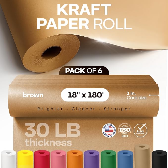 Brown Kraft Paper Roll 18" x 2160" (180 feet), Pack of 6 - USA-Made Brown Paper 30lb Thickness for Packing, Moving, Shipping, Crafts/Arts - 100% Recycled Natural Wrapping Material by IDL Packaging - Image 4