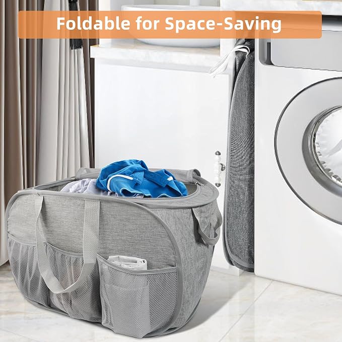 2 Pack Collapsible Laundry Baskets with Lid, Foldable Laundry Basket with Pockets, Pop Up Hamper with Dual Handles, 99L Sturdy Hampers for Clothes, Groceries, Supplies, Tools, Grey - Image 3