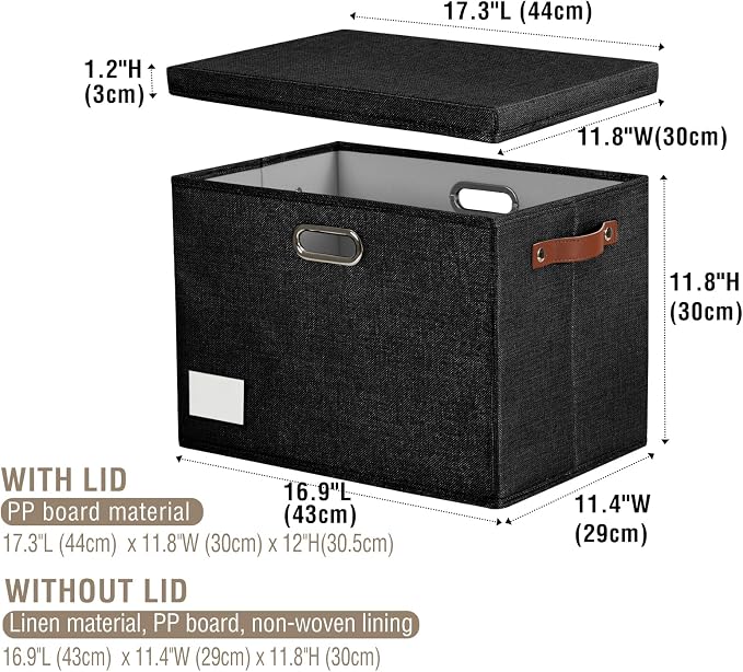 Roobyl 17" Large Fabric Storage Box with Lids, 3-Pack, Black | Stackable, Foldable, 2 PU Handles and 2 Metal Handles, Decorative Fabric, For Home, Bedroom, Closet, Office, Nursery - Image 7