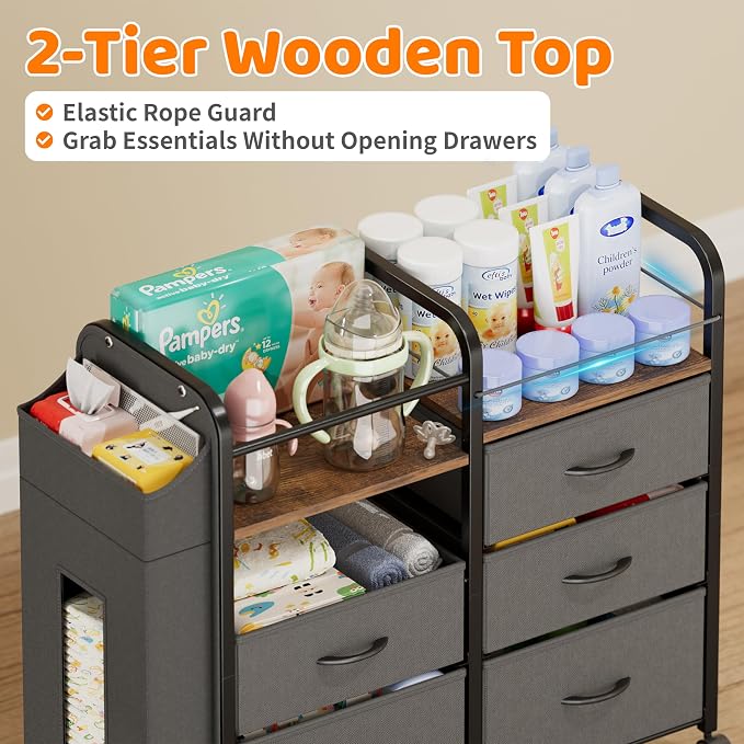 CODACE Baby Diaper Caddy Organizer Cart - Baby Organizers and Storage | Bedside Cart with Drawers & Side Storage, Nursery Essentials, 3 Tier Rolling Carts with Wheels for Bedroom, Easy to Assemble - Image 5