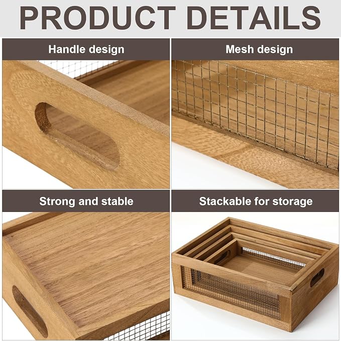 FillTouch 4 Pcs Wooden Nesting Countertop Baskets 4 Size Wooden Storage Box with Handle and Metal Wire Multipurpose Wood Organizer Crate for Fruit Vegetable Kitchen Cabinet Bathroom(Dark Brown,Small) - Image 3
