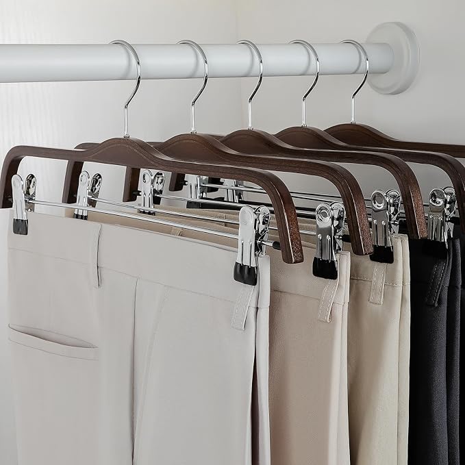 TOPIA HANGER Wooden Pants Hangers, Slim Natural Wood Skirt Hangers with Anti-Rust Hook and Adjustable Metal Clips, Perfect for Skirts, Pants, Slacks-20 Pack-CT17A20 - Image 2