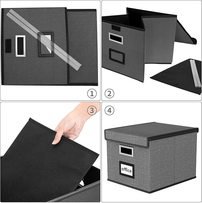 File Organizer Box with Lids, Collapsible File Folder Organizer | File Box with Plastic Slides for Document, Filing Bin for Letter Size Hanging File Folders (4 Pack, Dark Gray) - Image 7