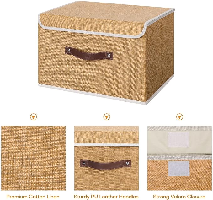ANMINY Fabric Storage Box Bins with Lids, Khaki, 13"x9"x7.9" | Keepsake Memory Storage, Cotton Linen, PP Board Reinforced, Washable, PU Handles, Foldable & Stackable, Decorative, Medium - Image 4