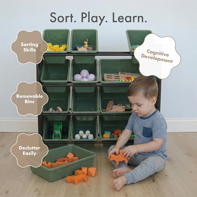 Humble Crew Kids Toy Organizer with 12 Bins, 4 Tier Storage for Playroom | Sturdy wood and steel toddler shelf, removable BPA-free containers, wall anchor anti-tip safety kit for bedroom or classroom - Image 5