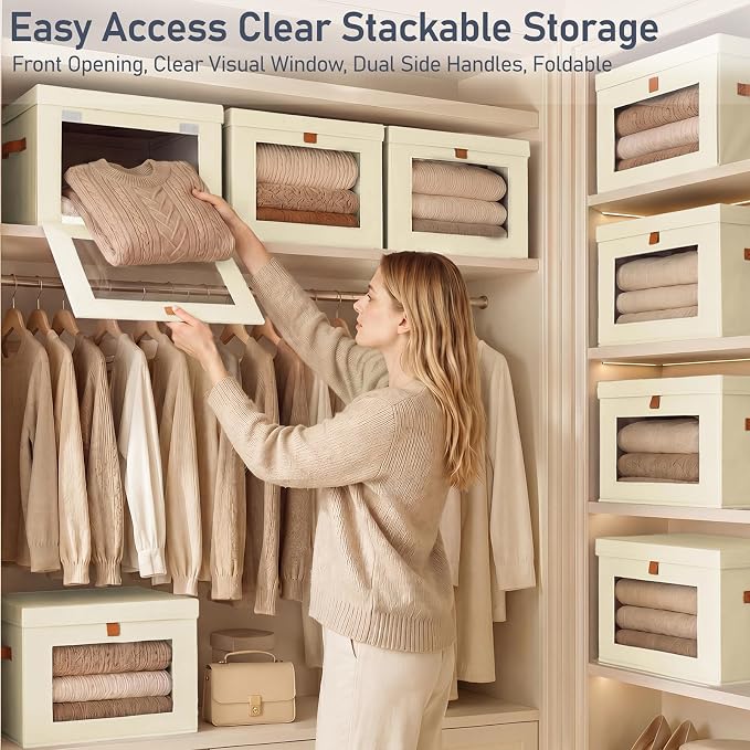 DIMJ Storage Bins with Lids - 4 Pack Front Opening Stackable Fabric Storage Boxes with Clear Window & Handles, Collapsible Closet Organizers for Clothes, Sweaters, Shelf Storage, Bedroom, Beige - Image 2