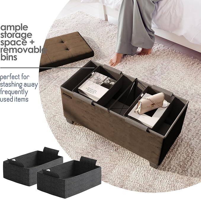 Storage Ottoman Bench with Bins, 30-in Storage Bench for Bedroom End of Bed, Folding Foot Rest Ottoman for Living Room Max 660lbs, Velvet Ottomans, Brown - Image 3