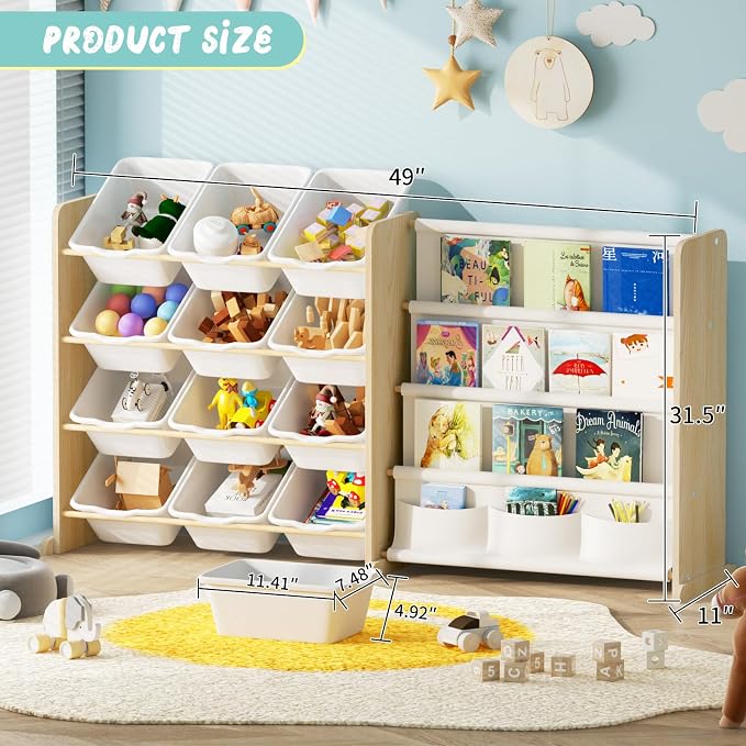 EXPERLAM Kids Toy Storage Organizer - Toy Organizer with Bookshelf, Toy Storage with 12 Toy White Bins and 4 Book Shelves, Toy Organizers and Storage for Playroom, Nursery, Kids Room, Burlywood - Image 2