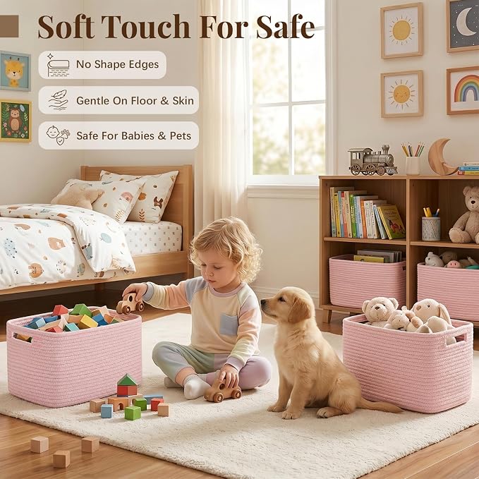 OIASKET 4Packs Natural Cotton Rope Storage Baskets for Organizing Toys, Clothes, Towels & Books, Soft Versatile Organizers for Shelves, Home Decorative Bins, 13''Lx9''Wx7.8''H, Pink - Image 4