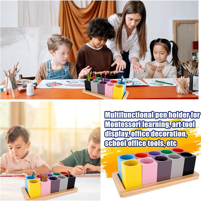 Wooden Colored Pencil Organizer, Desk Organizer (Pencils Not Included) | with 10 Colorful Cups for Home Office School Classroom Markers Crayons Pens Holder Storage - Image 7