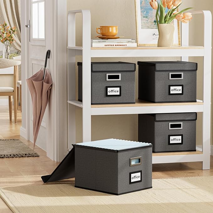 File Organizer Box with Lids, Collapsible File Folder Organizer | File Box with Plastic Slides for Document, Filing Bin for Letter Size Hanging File Folders (4 Pack, Dark Gray) - Image 2