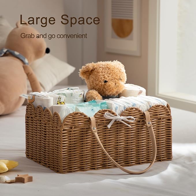 HBlife Baby Diaper Caddy Organizer, Portable Scalloped Plastic Wicker Woven Basket with Divider, Nursery Diaper Station, Baby Shower Gifts Basket, Car Organizer, Washable Waterproof - Image 2
