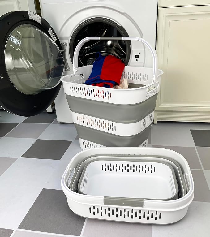 SAMMART 38L(10 Gal) Collapsible Laundry Basket - Foldable Pop-Up Storage Container/Organizer-Portable Space Saving Hamper, Measure 17.5x13.3x15.7"/3.8" Expanded/Collapsed (2, White/Grey) - Image 2