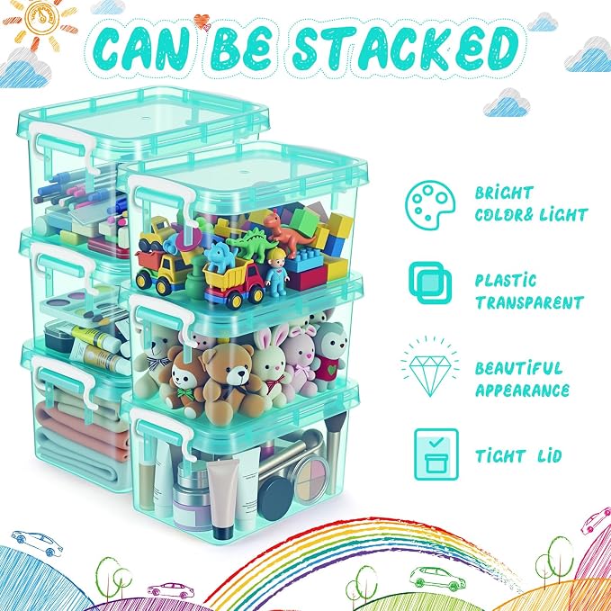 6 Pack Colorful Plastic Storage Bins with Lids 4 Quart Small Storage Latch Box Stackable and Nestable Clear Organizer Bins with Latching Handle and Buckle for Organizing (Teal) - Image 4
