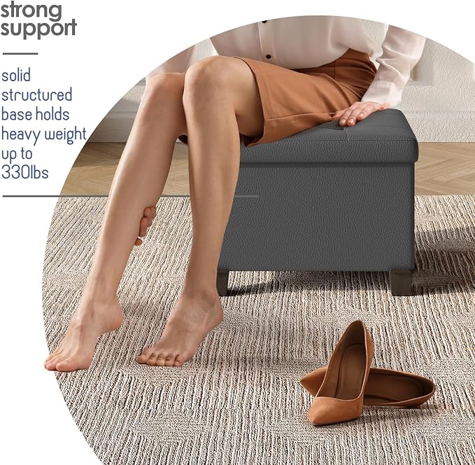 Storage Ottoman Cube with Small Bin, 16-in Square Ottoman with Storage for Living Room and Bedroom, Small Ottomans Foot Rest, Leather Foot Stools Ottomans Max 330lbs, Grey - Image 5