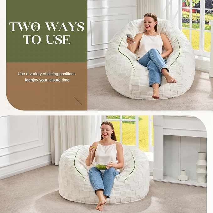 Hobestluk Adults Bean Bag Chair 4FT Big BeanBag Chair Extra Large Oversized | Memory Foam,Washable Cover,Unique Fluffy Plaid,Comfy Big Bean Bag with Filler Lounging Gaming Bedroom Living Room | White 4FT - Image 3