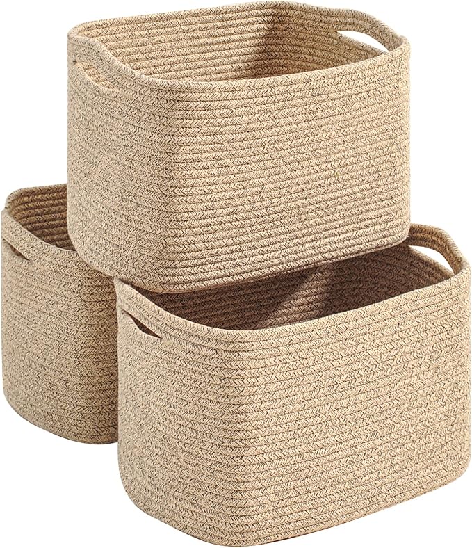 Storage Baskets for Organizing Shelves, Woven Cotton Rope Basket for Storage, Dog Toy Baskets Storage Kids, Cute Shelf Basket for Living Room Bedroom, 14.8"×11"×9.5", Pack of 3, Brown by Unknown