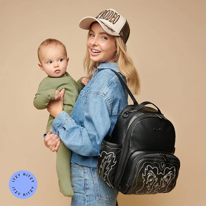 Itzy Ritzy Mini Diaper Bag Backpack - 10 Pockets w/Changing Pad (Outlaw) | Chic Mini Plus Diaper Bag with 2 Insulated Bottle Pockets, Key Lanyard, Wipeable Changing Pad, Grab-Top Handle & Rubber Feet - Image 7