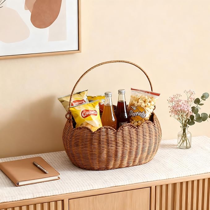 Scalloped Round Basket with Handle, Super Sturdy Wicker Storage Baskets, Hand Woven Basket for Shelves,Natural Baskets for Organizing (Rattan(12.6 * 9 * 6.1)) - Image 5