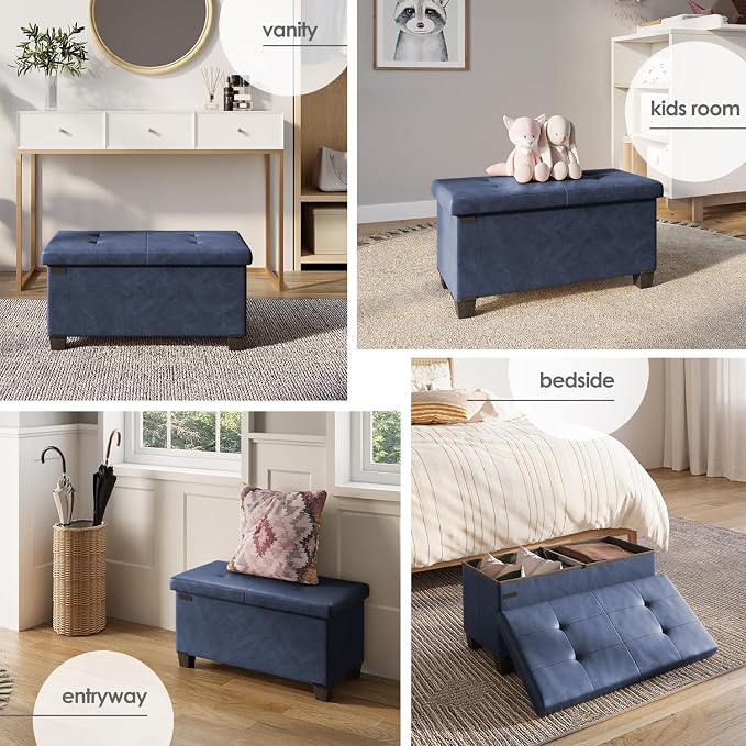 Storage Ottoman Bench with Bins, 30-in Storage Bench for Bedroom End of Bed, Folding Foot Rest Ottoman for Living Room Max 660lbs, Leather Ottomans, Blue - Image 5